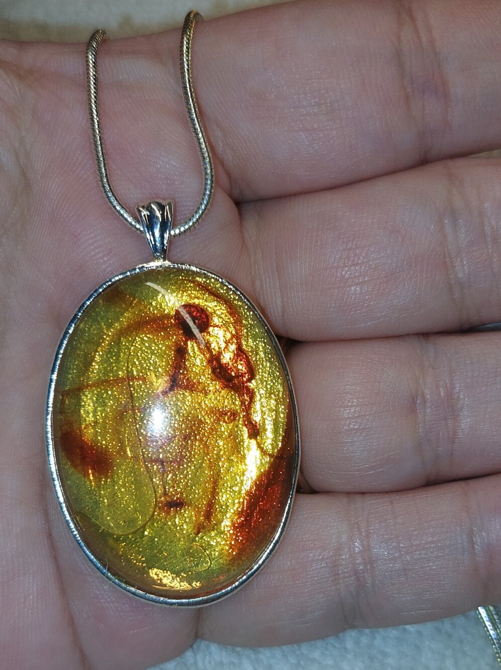 Gold and Amber Swirl Oval Pendant Necklace Comes With Matching Earrings